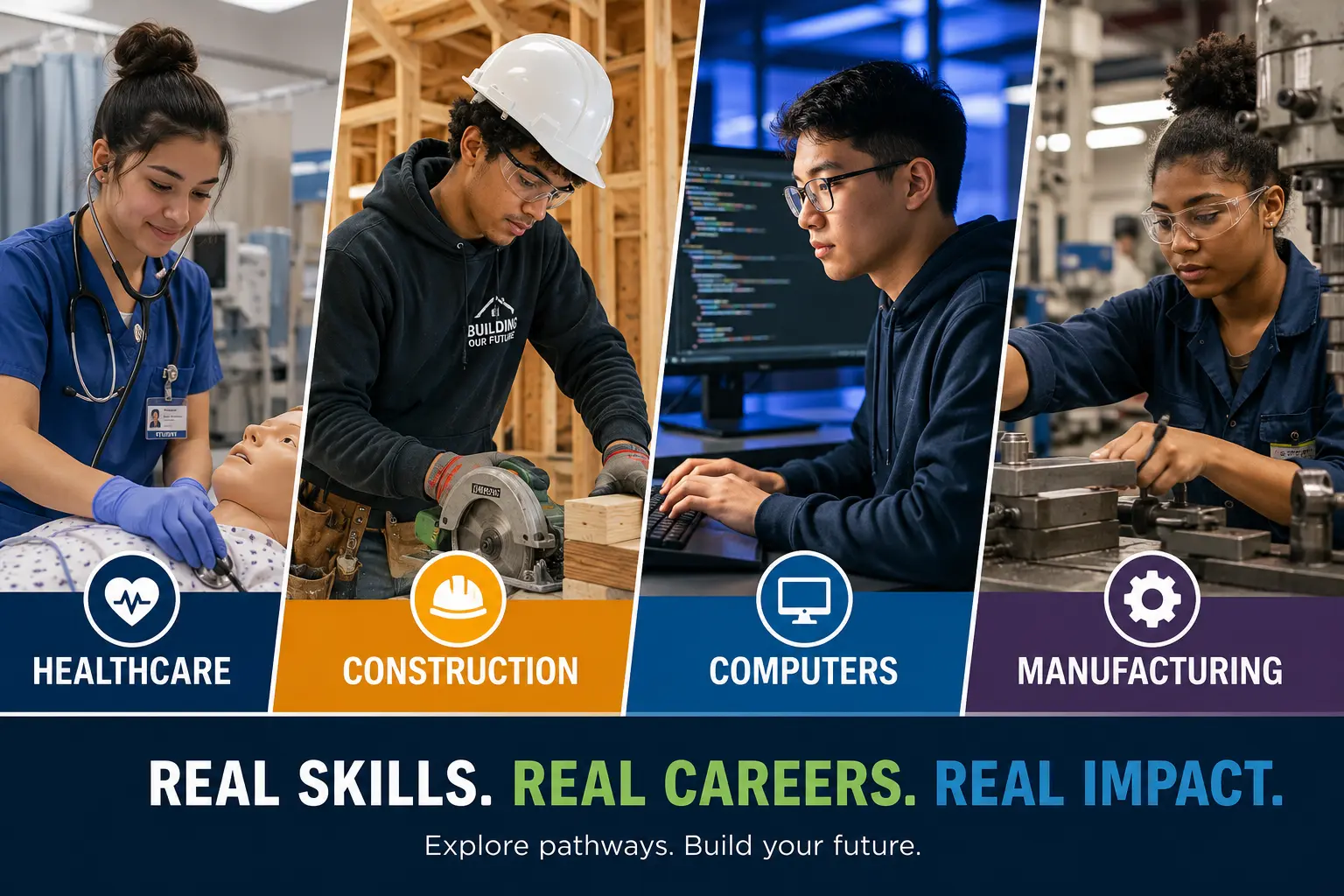 Four young people at work in the sectors NCYDC prepares participants for: a healthcare student using a stethoscope, a construction student cutting lumber, a technology student writing code, and a manufacturing student at a machining station.