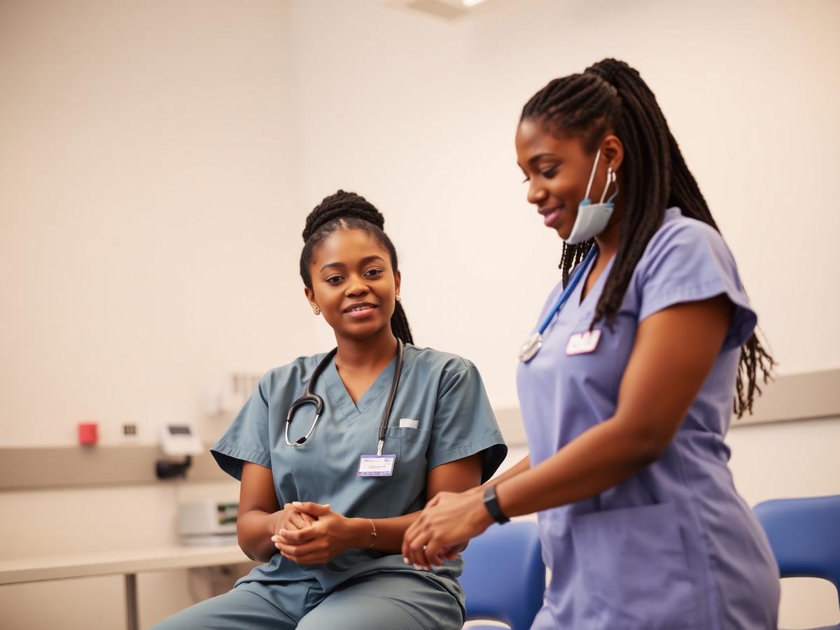 Healthcare training scene with a student practicing clinical skills alongside an instructor