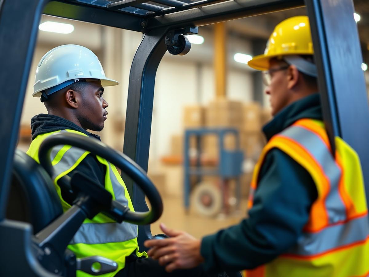 Warehouse and logistics training scene with safety equipment and material handling work